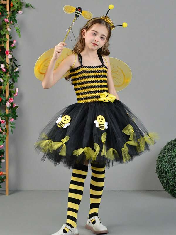 Girls Cosplay Bee Costume Sleeveless Tulle Dress Headband Leg Warmers Wand Wing Sets For Cosplay Party