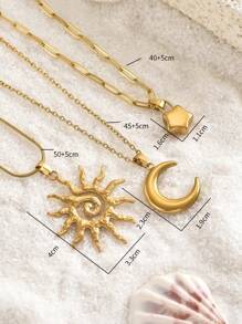 Juego de 1 set de 3 piezas de collares con colgante de sol, luna y estrella chapado en oro de 18k de acero inoxidable, joyería minimalista y elegante para hombres y mujeres