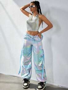 Y2K Holographic Laser Flap Pocket Side With Tape Drawstring Waist Wide Leg Parachute Cargo Pants Daily Casual Comfy Trousers Party Festival Outfit - 藍色 - 查看 3