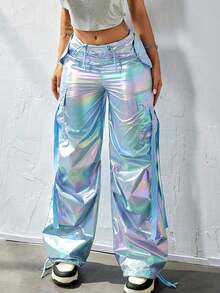 Y2K Holographic Laser Flap Pocket Side With Tape Drawstring Waist Wide Leg Parachute Cargo Pants Daily Casual Comfy Trousers Party Festival Outfit - 藍色 - 查看 6