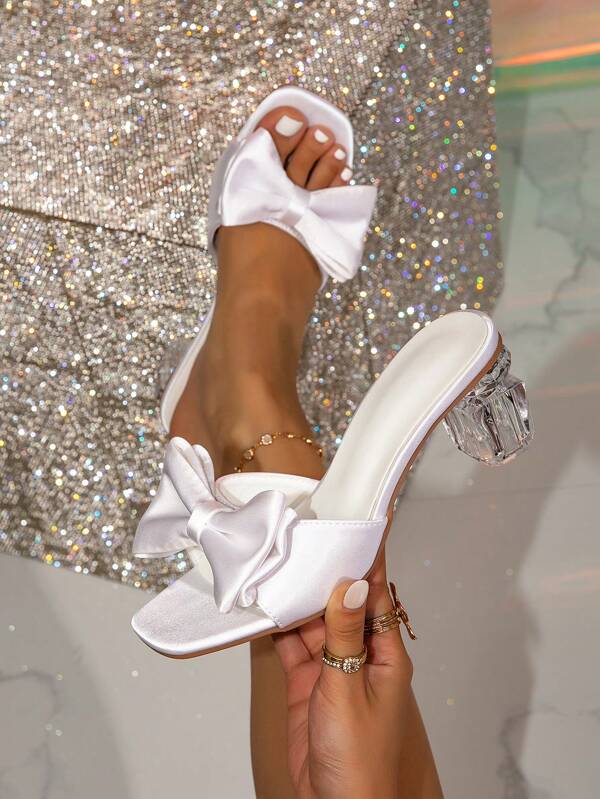 Women's Fashion Open Toe Slip-On High Heel Sandals With Bow, White Formal Party/Event Shoes