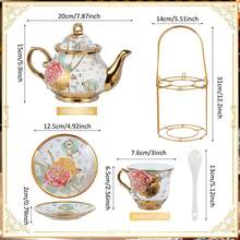 Juego de té de porcelana de 20 piezas con soporte de metal y cuchara, juego de té de cerámica para adultos, tetera con pintura de flores europea, taza, platillo y cuchara para mujeres - Estilo delicado - Ver 4