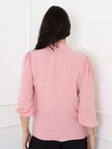 Elegant Women's Blouse With Bow Collar, 3/4 Sleeves, Dune Fabric - 粉色 - 查看 3