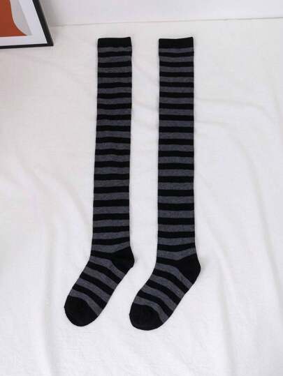 1 Pair Black & Grey Striped Women Over-The-Knee Long Socks, Y2K