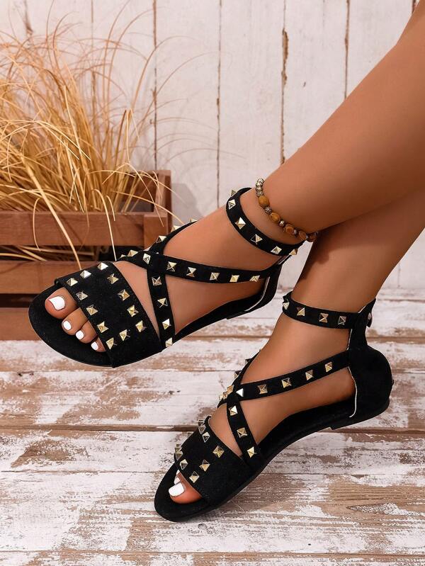 Sandalias de moda versátiles para mujeres con cremallera trasera, cordón, diseño calado, punta redonda, punta abierta, planas, con cordones, para exteriores, cómodas, de talla grande, transpirables, para verano y primavera