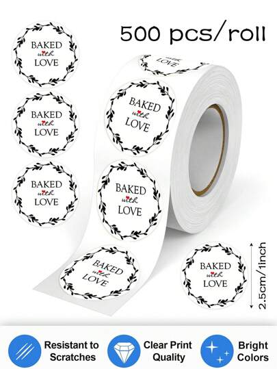 500pcs/Roll Wreath Thank You Seal Stickers, Handmade Baked With Love Bakery Wedding DIY Decor Adhesive Labels, 1 Inch Round, Suitable For Small Businesses