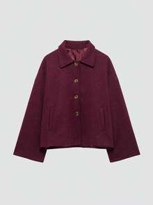 女士时尚休闲法式设计单排扣短款宽领羊毛大衣 - 酒紅色 - 查看 7