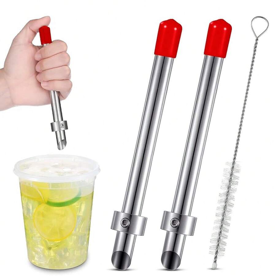 FUCHENGJSLasnten 2 Pack Straw Puncher Plastic Lids Lemonade Cups, Stainless Steel Straw Hole Puncher Punching Tools Cafe Drinks Container Squeezed Lemonade Stand Supplies(8.Inch,Black) - 紅色 - 查看 1