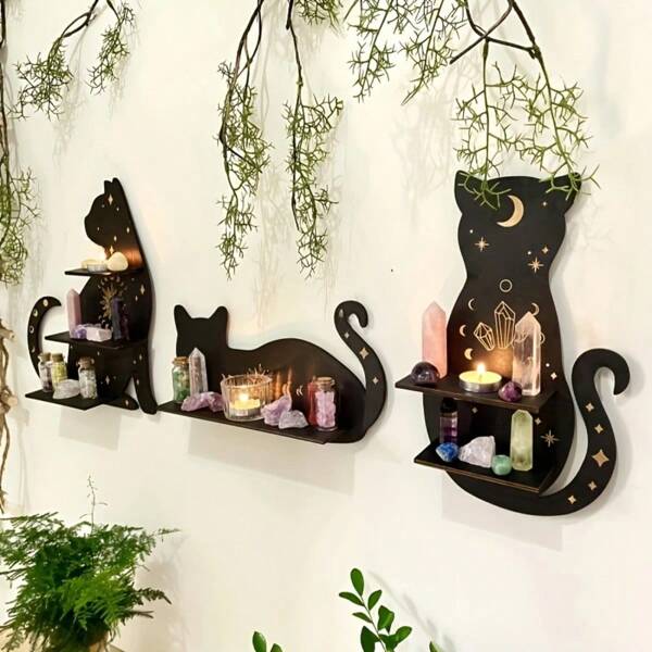 1pc Elegant Wall Mounted Rack With Black Cat - 3 Style Choices, Modern Design With Faux Wood And Laser Cut, Candle Holder, For Living Room, Bedroom Decor, Vehicle Decor, Accessory Parts, Outstanding Design, Decorative Work, Intricate Laser Cutting Home Decor Halloween Decor Fall Decor