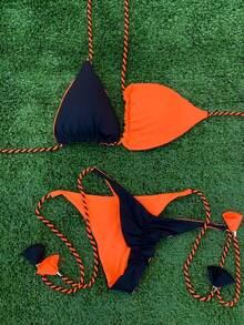 DOUBLE SIDED BIKINI BLACK AND ORANGE WEAR ON BOTH SIDES, LIFTS UP YOUR BUTT, TRIANGLE STRAP, SUMMER'S FAVORITE MODEL, HIGH SUPPORT, PERFECT FIT AND BEACHWEAR STYLE THAT ENHANCES THE BODY, IDEAL FOR TAN, COMFORT AND LOTS OF CHARM, TOP QUALITY FABRIC WITH UV PROTECTION Beach - 黑色和橙色 - 查看 1