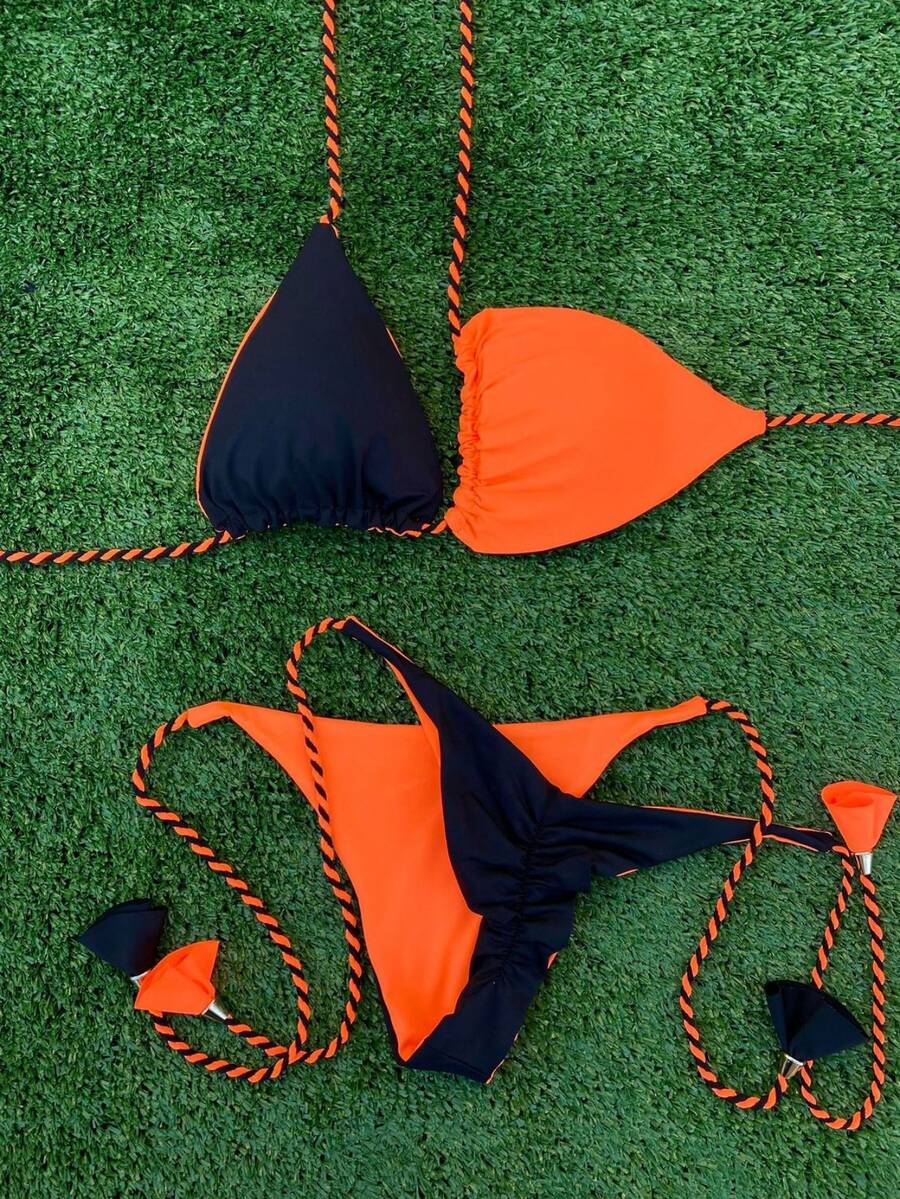 DOUBLE SIDED BIKINI BLACK AND ORANGE WEAR ON BOTH SIDES, LIFTS UP YOUR BUTT, TRIANGLE STRAP, SUMMER'S FAVORITE MODEL, HIGH SUPPORT, PERFECT FIT AND BEACHWEAR STYLE THAT ENHANCES THE BODY, IDEAL FOR TAN, COMFORT AND LOTS OF CHARM, TOP QUALITY FABRIC WITH UV PROTECTION Beach - 黑色和橙色 - 查看 1