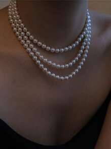 1pc Elegant Minimalist Design Faux Pearl Necklace, Vintage High-End Fashion Versatile 3-Layer Necklace, Suitable For Women For Daily Wear Or As A Gift
