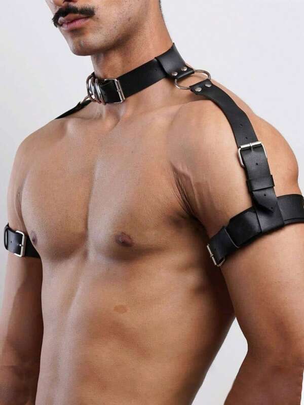 Herren PU-Leder Schultergeschirr mit Choker, verstellbares Armgeschirr in schwarz und rot, Große Größen, Geschenk für ihn, Herren Schulterbekleidung, sexy Herren Unterwäsche Accessoires
