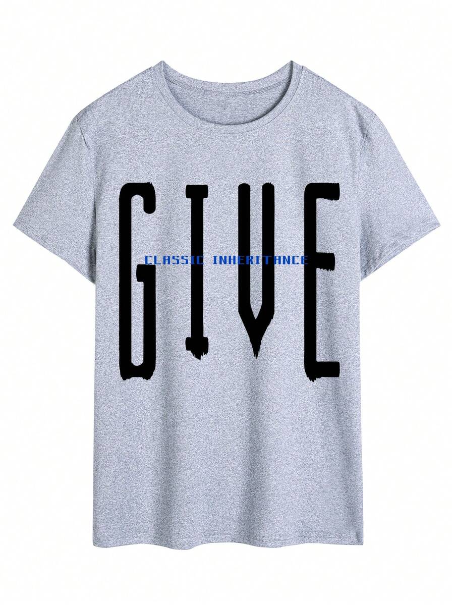 Men's Casual Letter Printed Crew Neck Short Sleeve T-Shirt, Summer - Grey - View 1