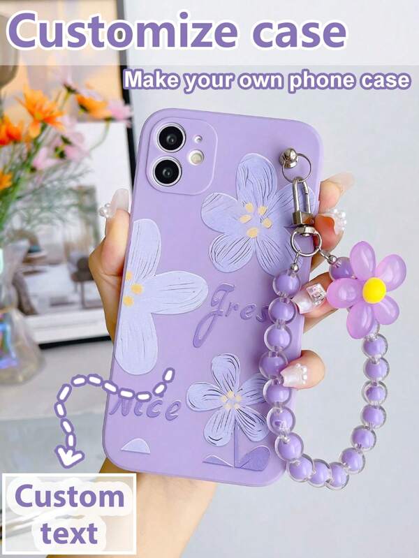 1 Stück lila TPU anpassbarer Text/Buchstaben/Muster Anti-Sturz Handyhülle und 1 Stück passendes lila Blumen- & Perlen-Dekor Handyschnur, kompatibel mit Apple/Android/ OPPO Handys