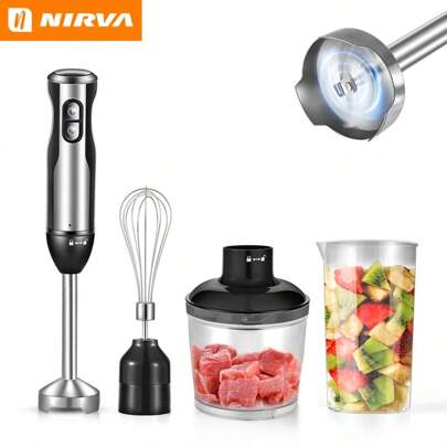 Nirva, frullatore a immersione 4 in 1 da 1000W con ciotola tritacarne, bicchiere per frullati, lame in acciaio inox - senza batteria, spina UE, perfet