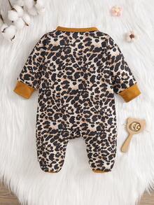 婴儿女孩休闲可爱豹纹蝴蝶结印花连体衣，长袖家居服，春秋季 - 棕色 - 查看 2