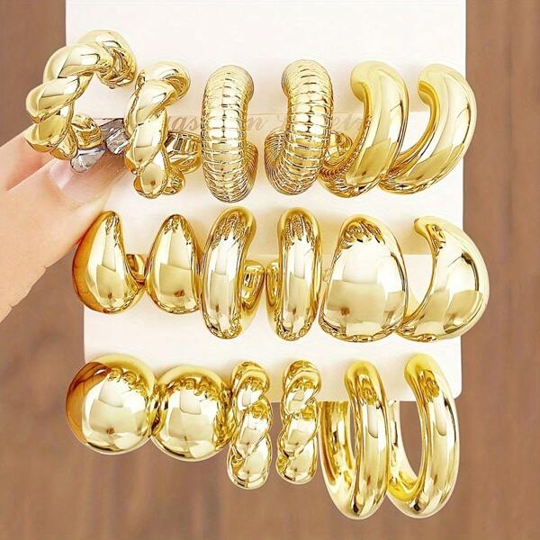 18pcs/Set Metallic Teardrop, C Shape, Braided Design Earrings Set
