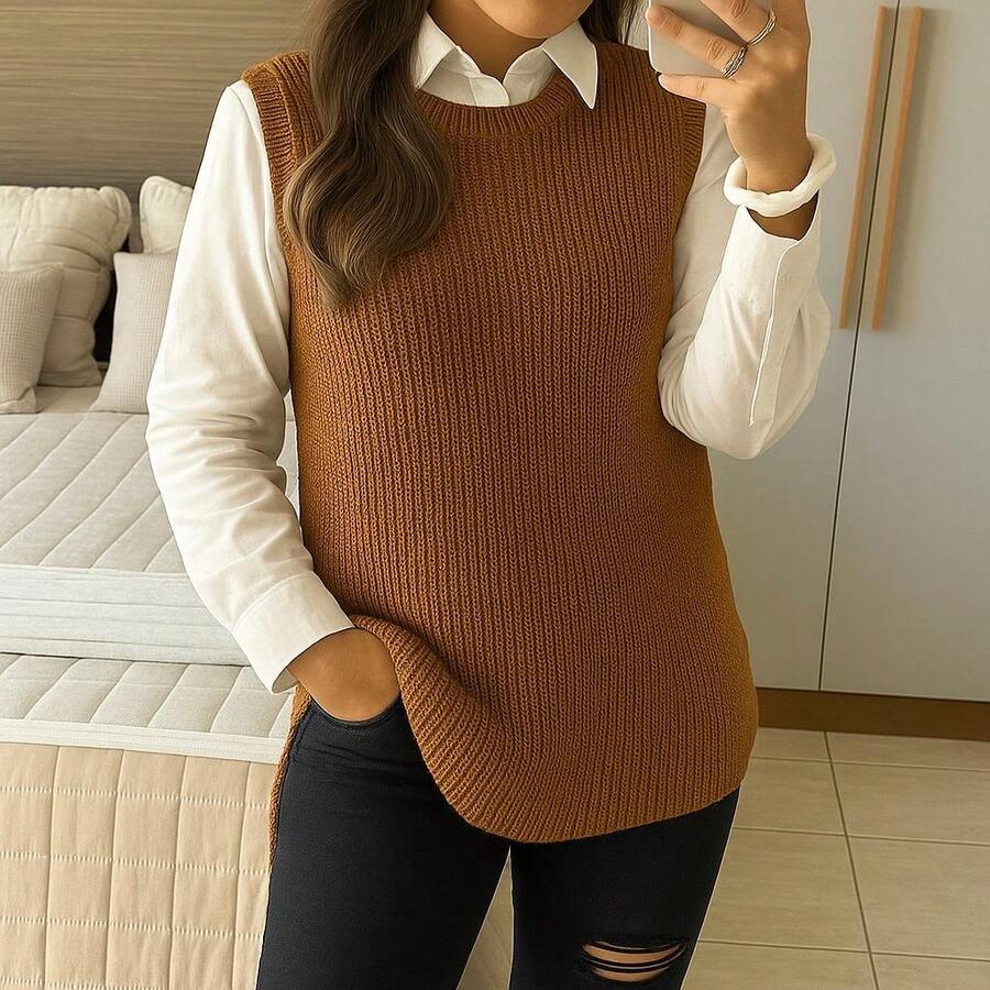 Women's Caramel Knitted Mulet Vest Side Slit Pullover Fashion Luxury Simple Casual Wool Knitted Evening Holiday Daily Fall/Winter WM Knitwear - Lạc đà - Xem 1