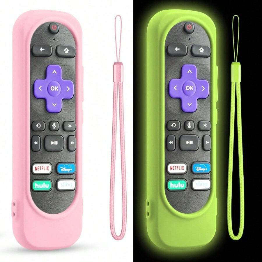 2 Pack Silicone Remote Cover For Roku TV Remote Silicone Case Cover Compatible With Most Roku Voice Remote Shockproof Washable Roku Remote Cover With Lanyard Pink+ Luminous Green - Hồng + Xanh lá cây sáng - Xem 1