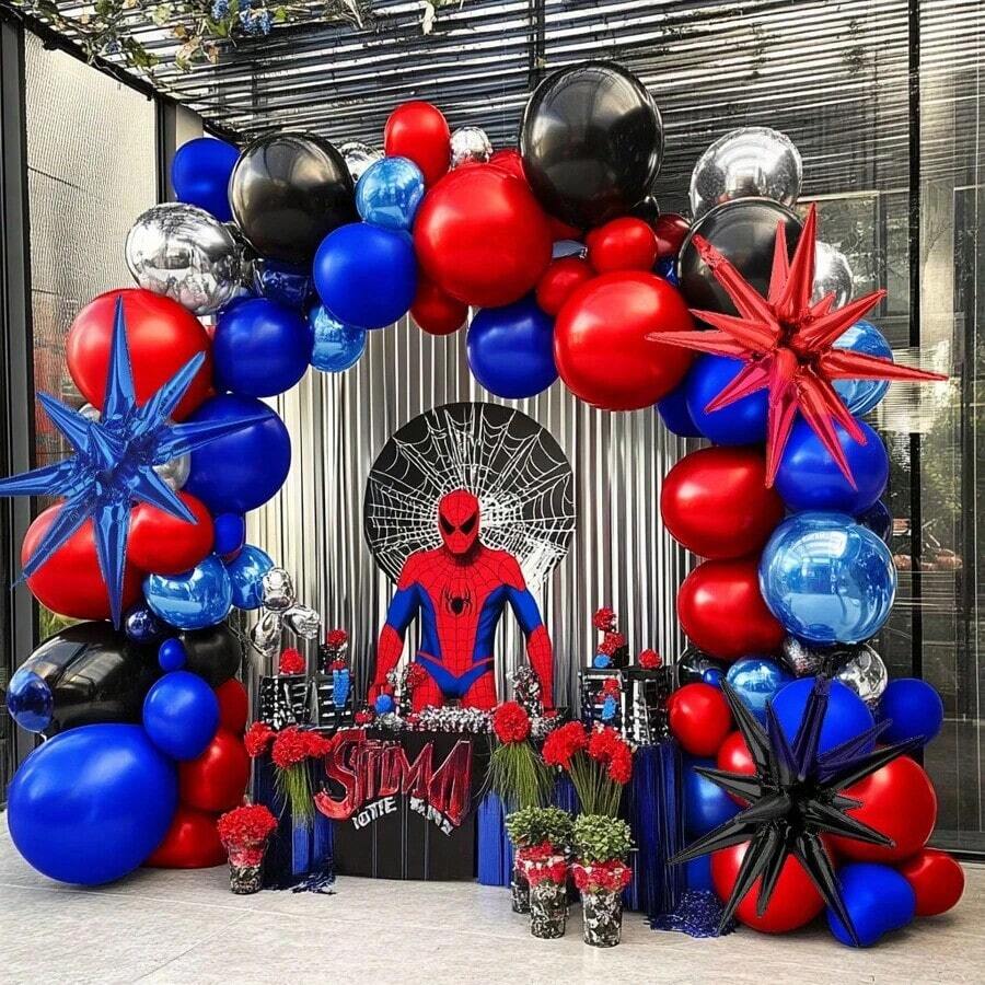 Spider Balloon Arch Garland Kit - 130Pcs Spider Theme Birthday Decorations Royal Blue Black Red Silver Spider Arch Kit For Man BabyShower Super Spider Hero Theme Party Decorations - 彩色 - 查看 1