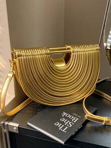 2025新款夏季时尚创意手工编织金色手提包，女士钱包，独特派对包，半圆形包，可单肩斜挎，适合度假、通勤、聚会、舞会和派对