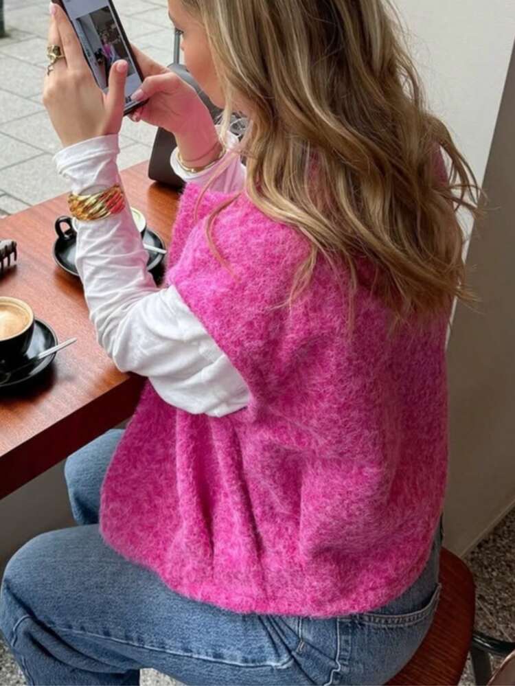 Femmes grande taille Top décontracté polyvalent et confortable en couleur unie Veste de printemps - Rose pâle - Voir 5