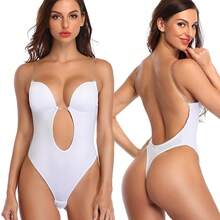 Backless Shapewear For Women Invisible Bras U Plunge Thong Bodysuit Sexy Deep V Push Up Bra Under Wedding Dress Underwear Tummy Control Slimming Body Shaper Built In Bra Low Back Adjustable Straps Fajas Colombianas Corset - 白色 - 查看 7
