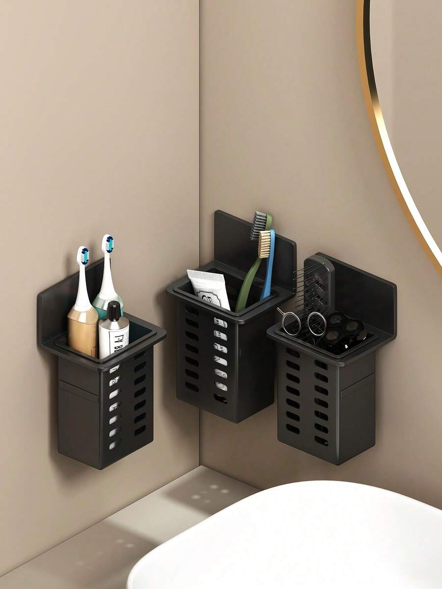 Wall Mounted Toothbrush Toothpaste Holder, Bathroom Storage Rack For Comb Razor, White/Black/Transparent, No Need Drilling - Black - View 1