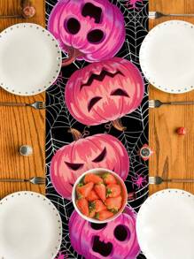 1Pc /100PCS 35*180cm Halloween Pink Pumpkin Themed Polyester Table Runner - Black Spider Web Background, Exquisite Carved Pink Pumpkin Pattern, Suitable For High-End Halloween Parties, Family Gatherings, Festive Dining Table Decoration