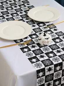 1pc/100pcs 35*180cm Halloween Spider Web Printed Polyester Tablecover - Black & White Check Design, Spider & Web Interwoven, Suitable For Halloween Party, Home Gathering, Dinner Table Decor, Classic Black & White Tone