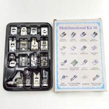 16 Peças Conjunto de Acessórios de Pé Calcador Multifuncional para Máquina de Costura, Inclui Bainha, Encadernador, Botão, Bordado, Pés para Casear, Uso Doméstico