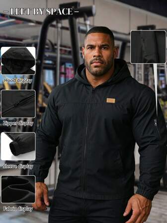 冬季大码男士户外运动休闲夹克，带拉链口袋和兜帽，单层轻便厚夹克，适合露营、徒步旅行、散步、日常穿着