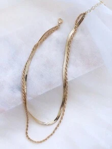 1 件朋克风格复古扁平蛇链和扭链双层项链，优雅百搭，适合女性日常佩戴 - 金黃色 - 查看 2