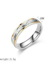 2pcs Stainless Steel Couple's Rings, Fashion Versatile Minimalist Bicolor Artificial Diamond Wedding Ring Set