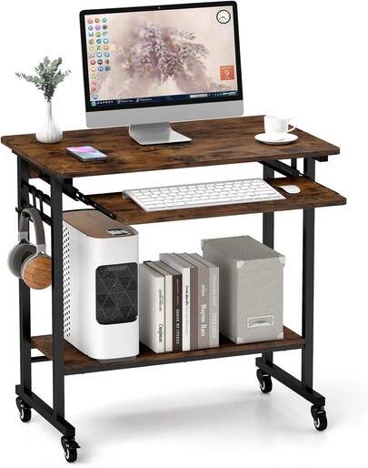 Tangkula Rolling Computer Desk Cart With Keyboard Tray, Mobile Portable Laptop PC Desk With CPU Stand & 3 Hooks For Sofa & Bed, Industrial Small Desk On Wheels For Small Spaces, Home Office Desk