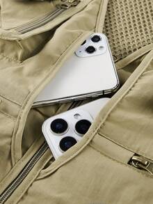 1 件男士卡其色户外徒步露营钓鱼防风防水防刮多口袋拉链背心，秋季 - 卡其色 - 查看 5