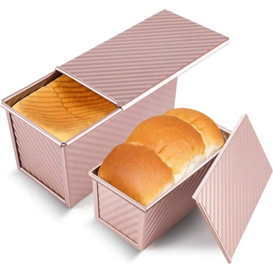 2 Pack Pullman Loaf Pan With Lid, 1 Lb/0.5 Lb Dough Capacity, Premium Non-Stick Sandwich Bread Loaf Pan With Lid, Carbon Steel Corrugated Bread Toast Box Mold With Cover For Baking - 1 - 查看 1
