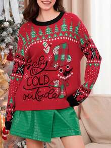 Ugly Christmas Sweaters For Women Funny Snowman Snowflake Print Long Sleeve Knitted Crew Neck Pullover Sweater Cute Xmas Sweater - Red - View 1