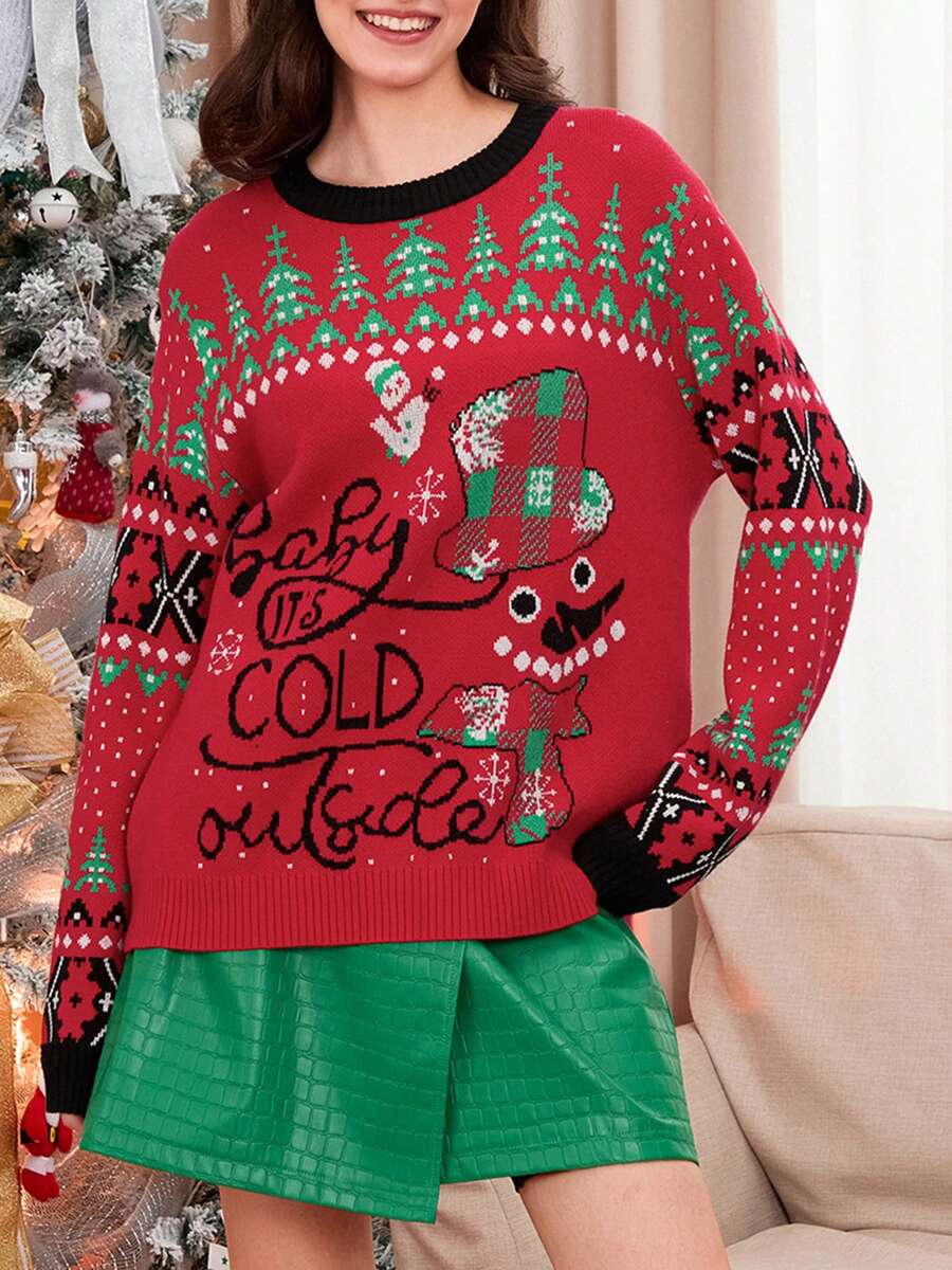 Ugly Christmas Sweaters For Women Funny Snowman Snowflake Print Long Sleeve Knitted Crew Neck Pullover Sweater Cute Xmas Sweater - Red - View 1
