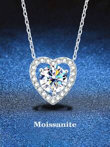 BLOVEMEE 1pc Luxury 925 Silver Moissanite Heart Pendant Necklace, Suitable For Daily Wear, Party, Holiday, Christmas, Thanksgiving, Birthday Gift For Women