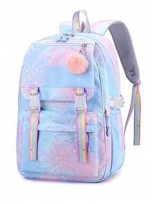 可爱的雪花色尼龙背包 - 轻巧宽敞，耐用，配有绒球饰物，非常适合上学和日常通勤，有蓝色/玫瑰色/粉色/紫色可供选择，旅行背包 - 彩色 - 查看 6