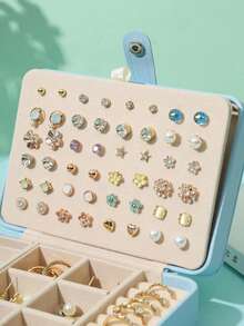 1 件 16*11*5 厘米皮革多功能双层珠宝收纳盒，适用于耳环、戒指、项链，女士便携式珠宝盒收纳整理器旅行必需品返校宿舍收纳 - 藍色 - 查看 3