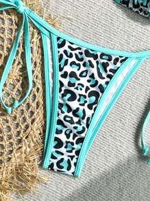 女式露背豹纹拼接比基尼上衣和下装休闲套装夏季 - 藍白色 - 查看 7