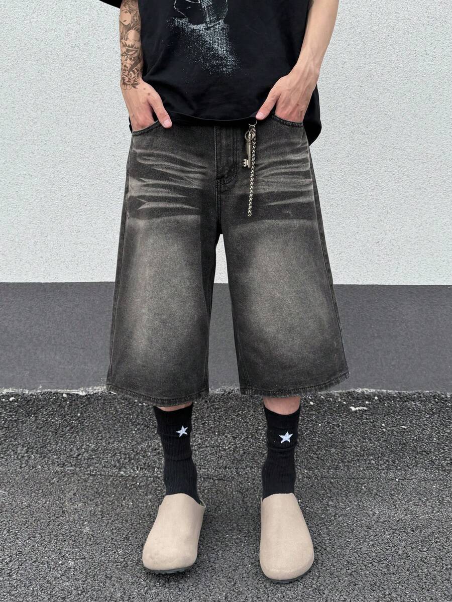 GlobeSwift 复古男士青年先锋街头时尚-休闲街头先锋时尚-嘻哈街头宽松3/4牛仔短裤，春夏秋 - 黑色 - 查看 1