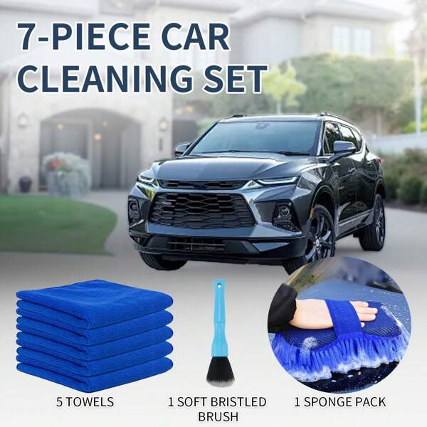 Kit com 7 peças de esponja e toalha para lavagem de carro, incluindo 1 esponja de limpeza de chenille com luva e 5 toalhas de microfibra macias e altamente absorventes - superabsorventes, sem arranhões e reutilizáveis, além de 1 escova de cerdas macias - para limpeza de carro, casa e cozinha, sem bateria
