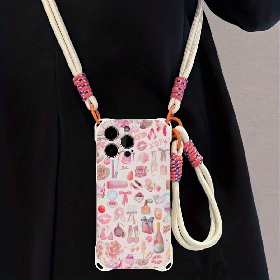 Funda para teléfono 1 pieza Una elegante correa para el hombro tipo bandolera, patrón Correa para el hombro tipo bandolera Correa de mano anticaída de cuatro esquinas Funda protectora para teléfono móvil Puede colgarse hacia atrás Funda para teléfono móvil suave adecuada para la serie 12 13 14 15 16 Pro Pro Plus - - Colores mixtos 1 - Ver 1