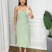 ''Elegant Women's Midi Dress With Slits And Adjustable Straps. Summer Fashion . Simple, Split - Màu xanh Bạc hà - Xem 3