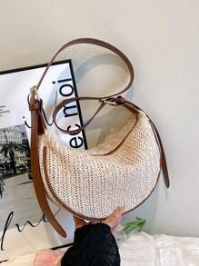 Bolso de mujer estilo Dumpling, diseño de PU + tejido, bolso bandolera, unicolor, bolso de uso diario de mujer con correa ajustable