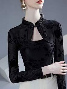 2025 Herbst Neuer Stil Chinesisches Cheongsam-Kragen Jacquard-Flockung Anliegende Lässig Bluse, Elegante Hohlblaue